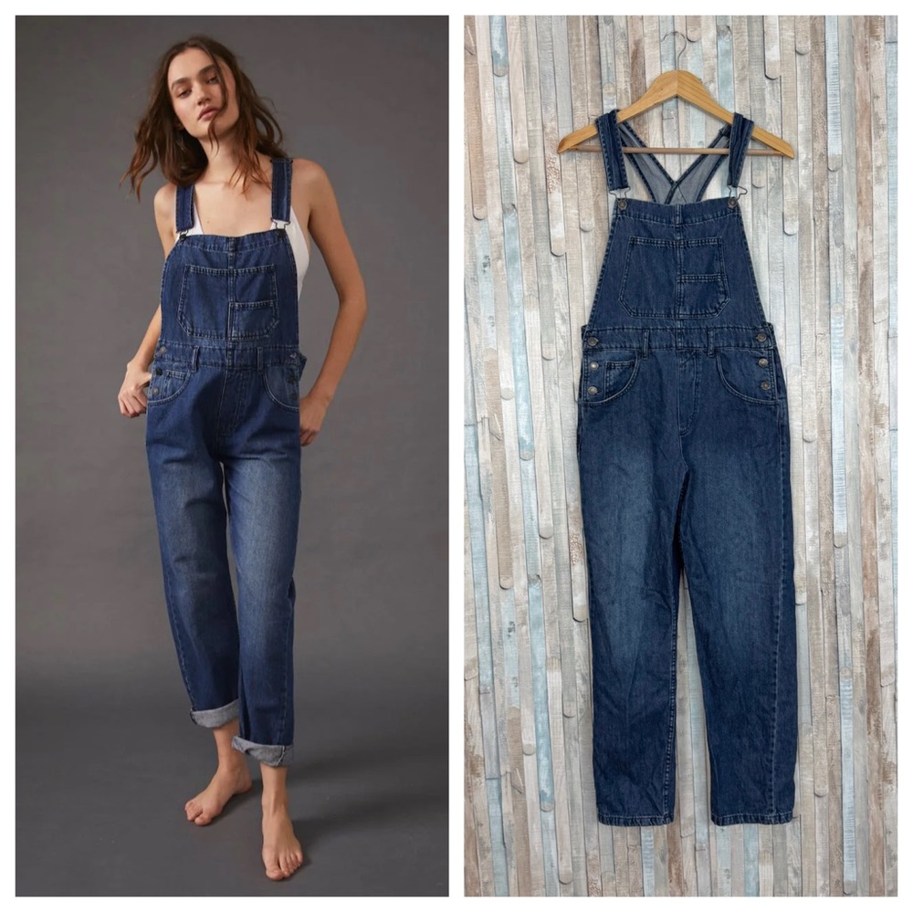 Free People XS Ziggy Denim Overalls Slouchy Jeans‎ Inky Indigo Wash 100% Cotton